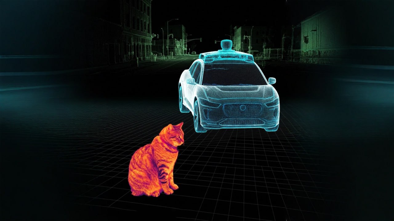 Waymo autonomous vehicle thermal visualization with KitKat cat
